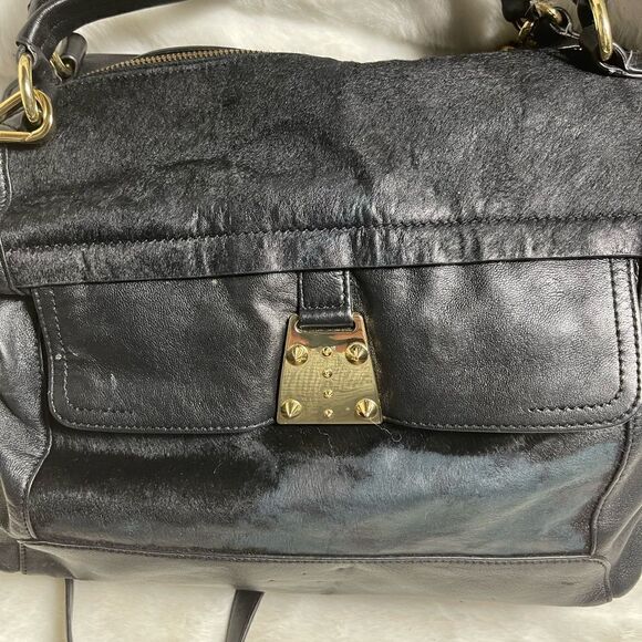 Vince Camuto black soft leather &calf hair Satchel/crossbody bag gold tone studs - Picture 4 of 16